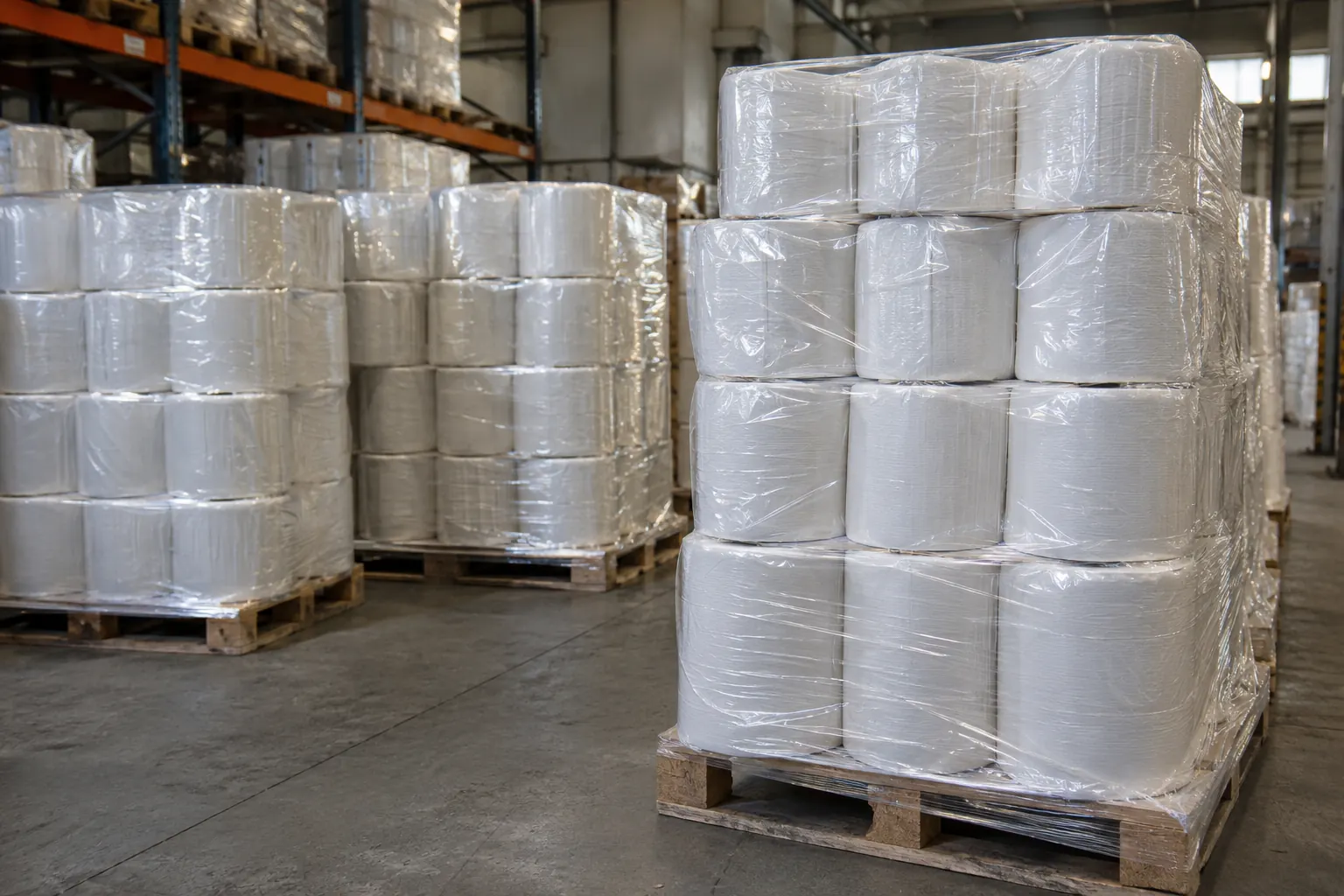 Wrapped centrefeed paper rolls stacked on pallets in a warehouse