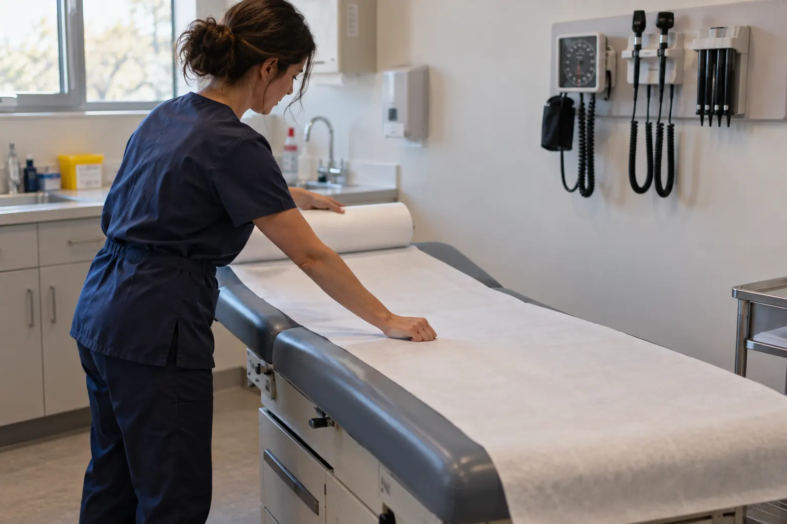 White paper couch roll pulled across a medical examination couch