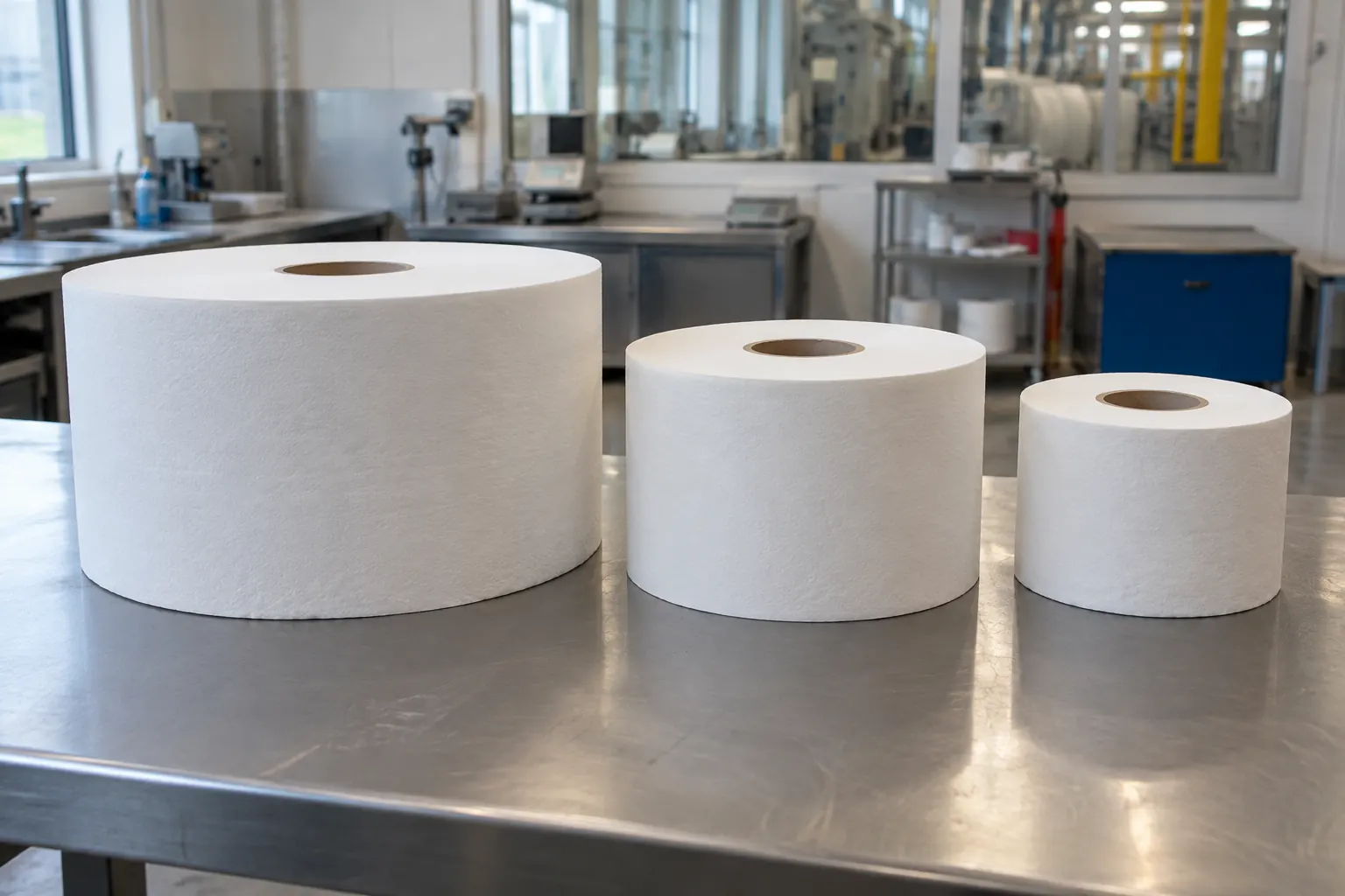 Jumbo toilet rolls in three diameters lined up in a factory quality room