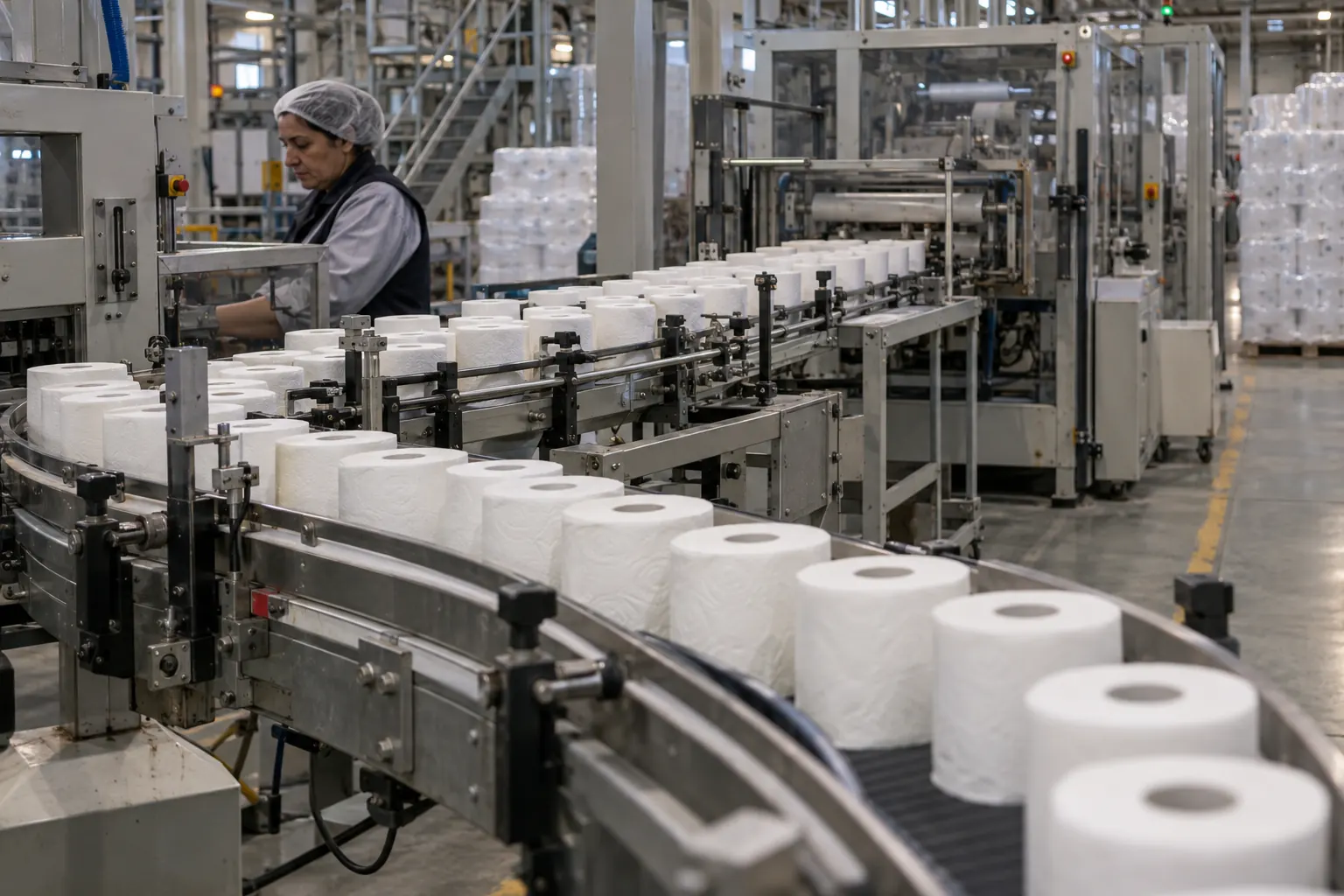 Toilet rolls moving along a converting line toward the packing machines