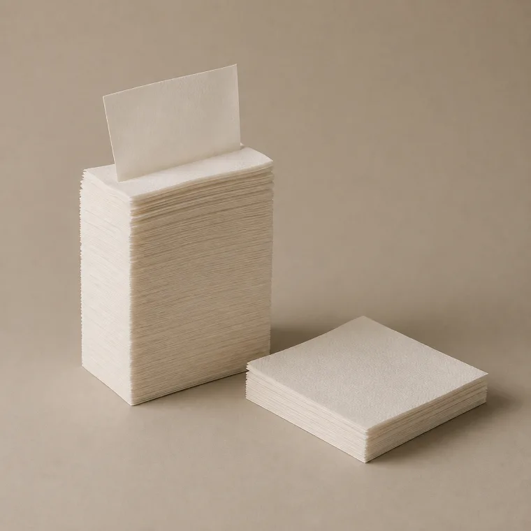 Stack of plain white dispenser napkins beside folded square napkins