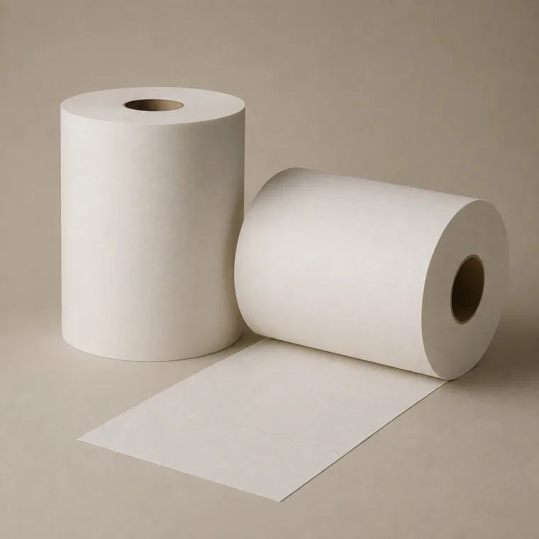 Large plain white industrial towel rolls, one partly unrolled